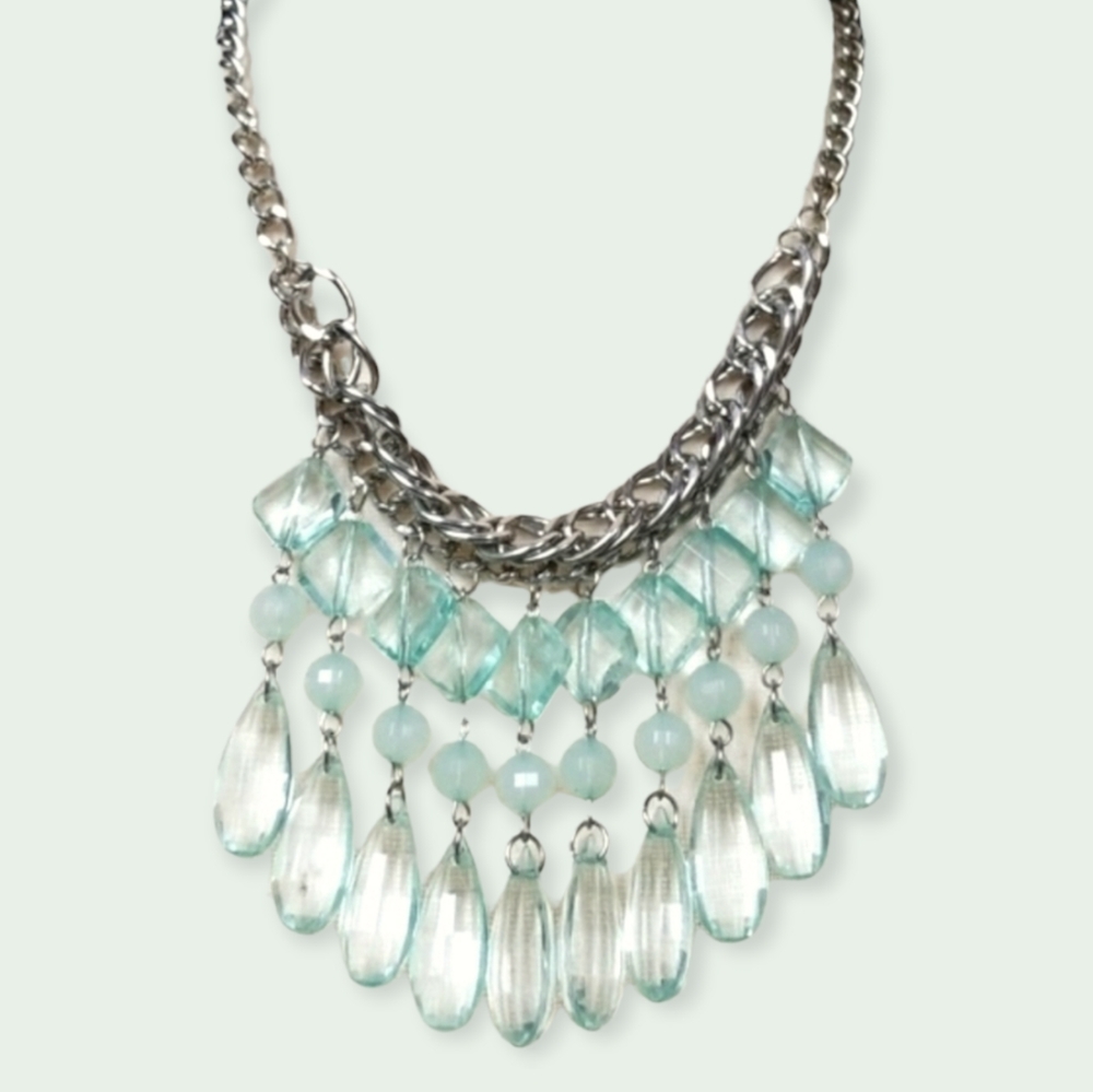 Vintage Acrylic Beaded Necklace Silver Tone